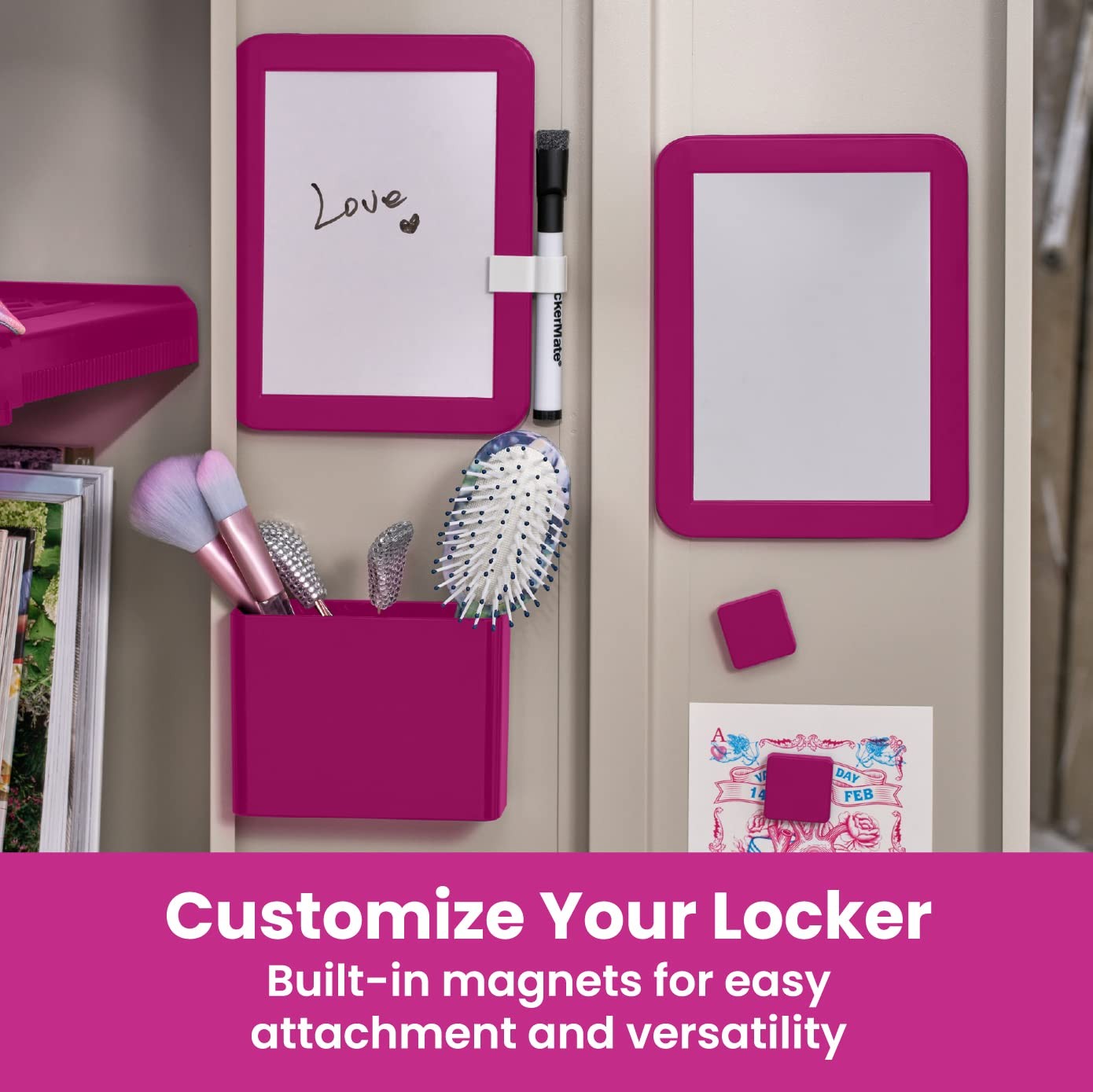 LockerMate 6-Piece Locker Organizer Kit, Includes Mirror, Small, Pink