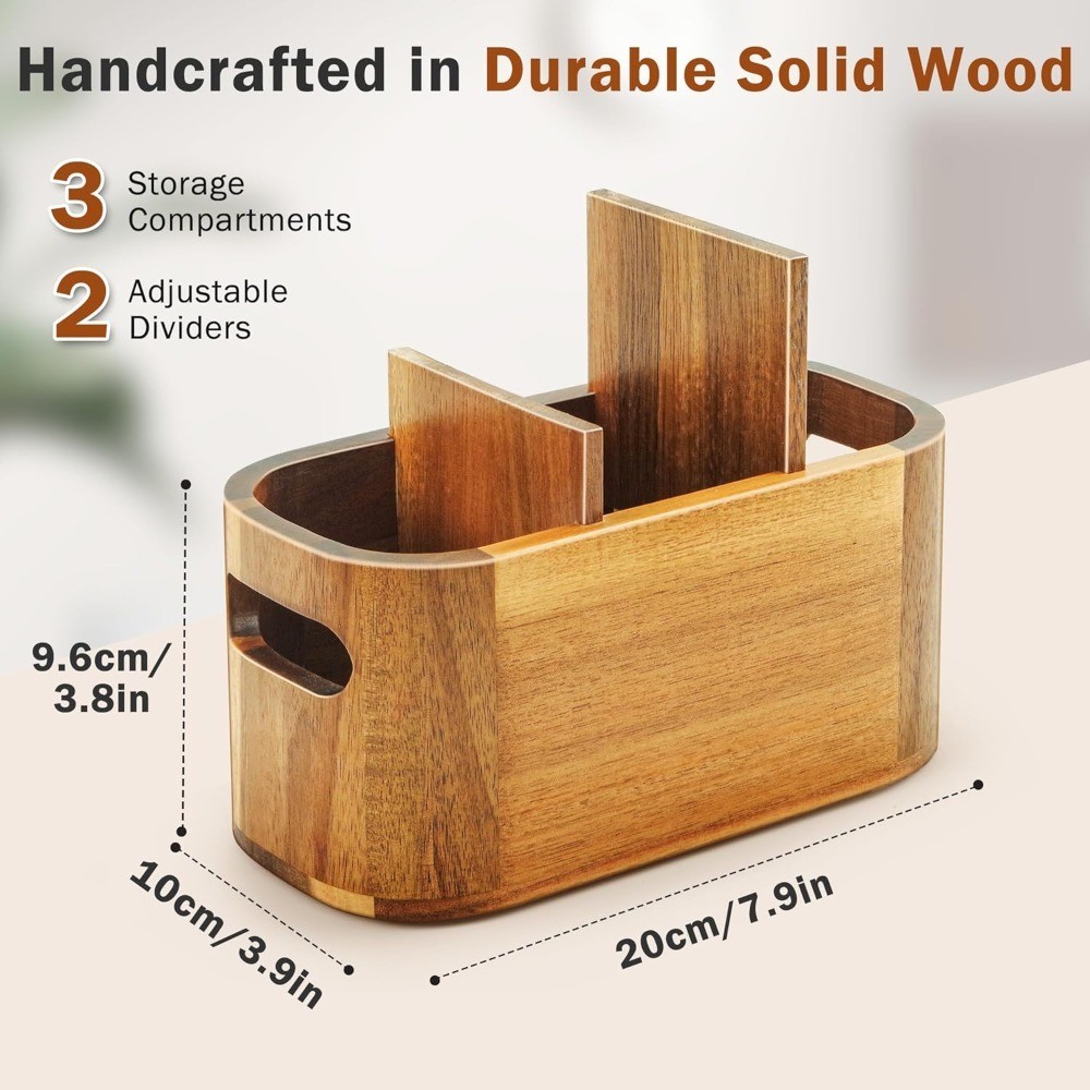 Acacia Pencil Pen Holder for Desk, Wooden Office Organizer with 3 Slots for