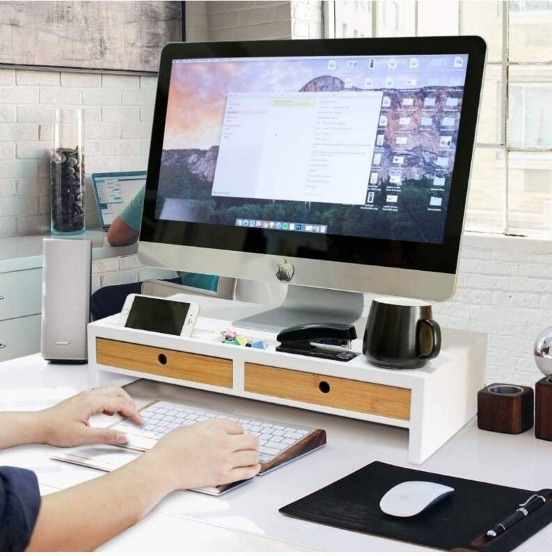 Computer Monitor Stand w/ Drawers White Wood Printer, TV Riser 20.5Lx10.6Wx4.7″