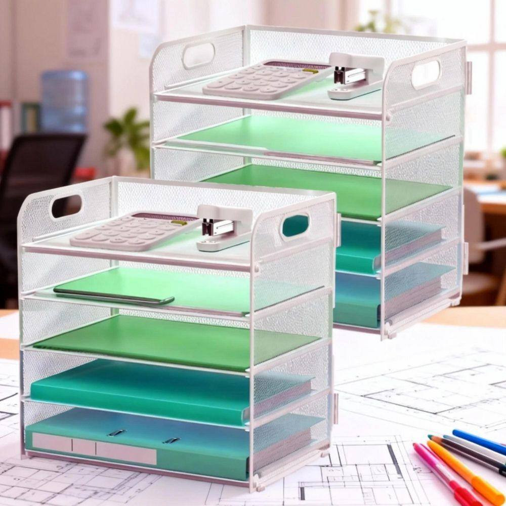 12.5 in X 13.5 in 2 Pack Silver Metal Letter Tray 5-Tier Desk Organizer File Pap