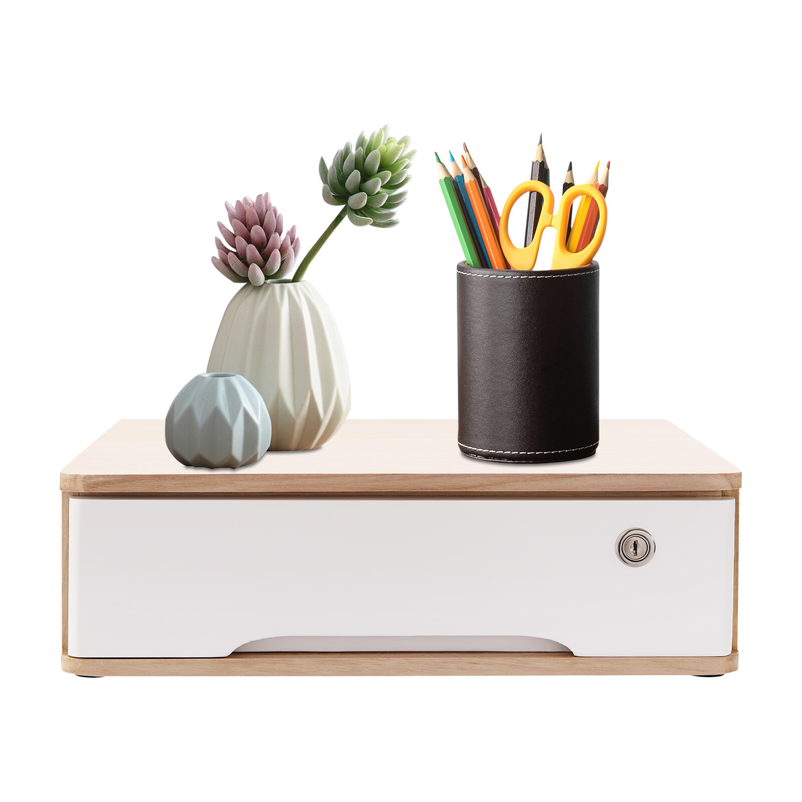 Desktop Storage Box w/ Lockable Drawer Wooden Office Supplies Drawer Organizer