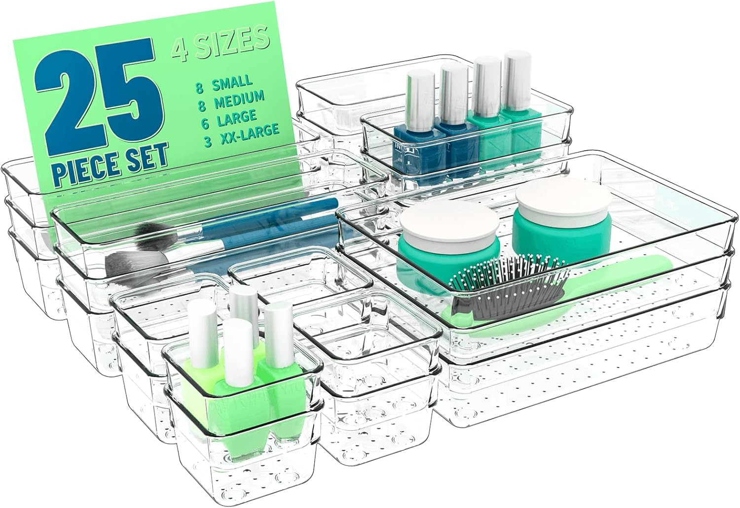 25Pc Clear Plastic Drawer Organizer Set 4 Sizes for Kitchen Office Bathroom