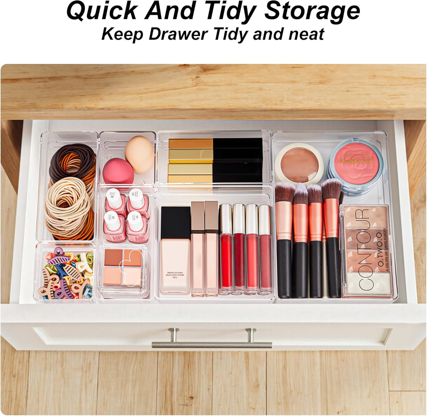 7-Piece Clear Drawer Organizer Trays with Non-Slip Pads for Desk Kitchen