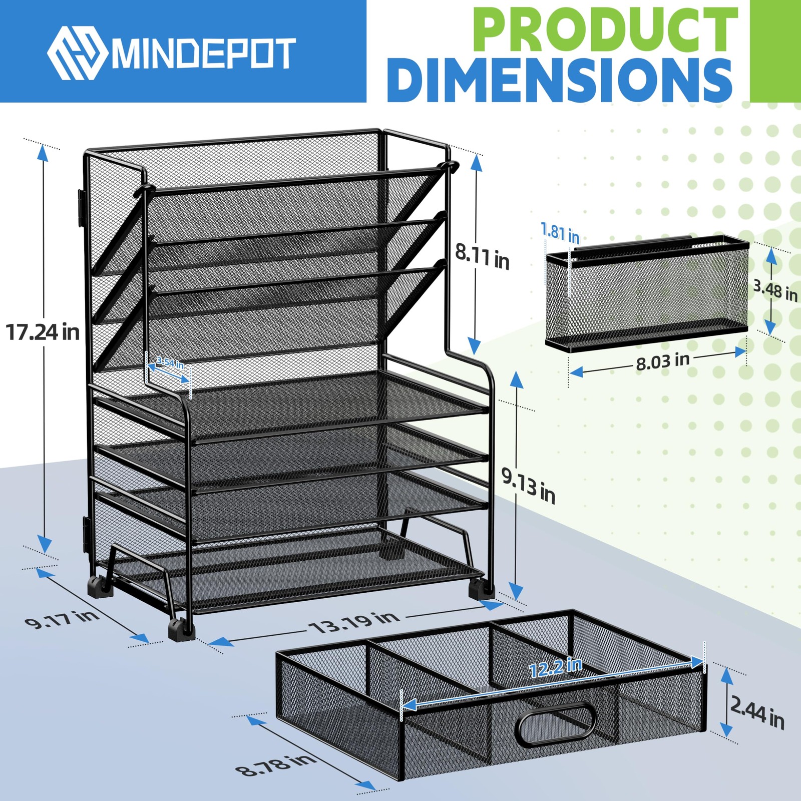 MINDEPOT 4Tier Paper Organizer + 3Pocket File Holder + Drawer + Pen Holders, …