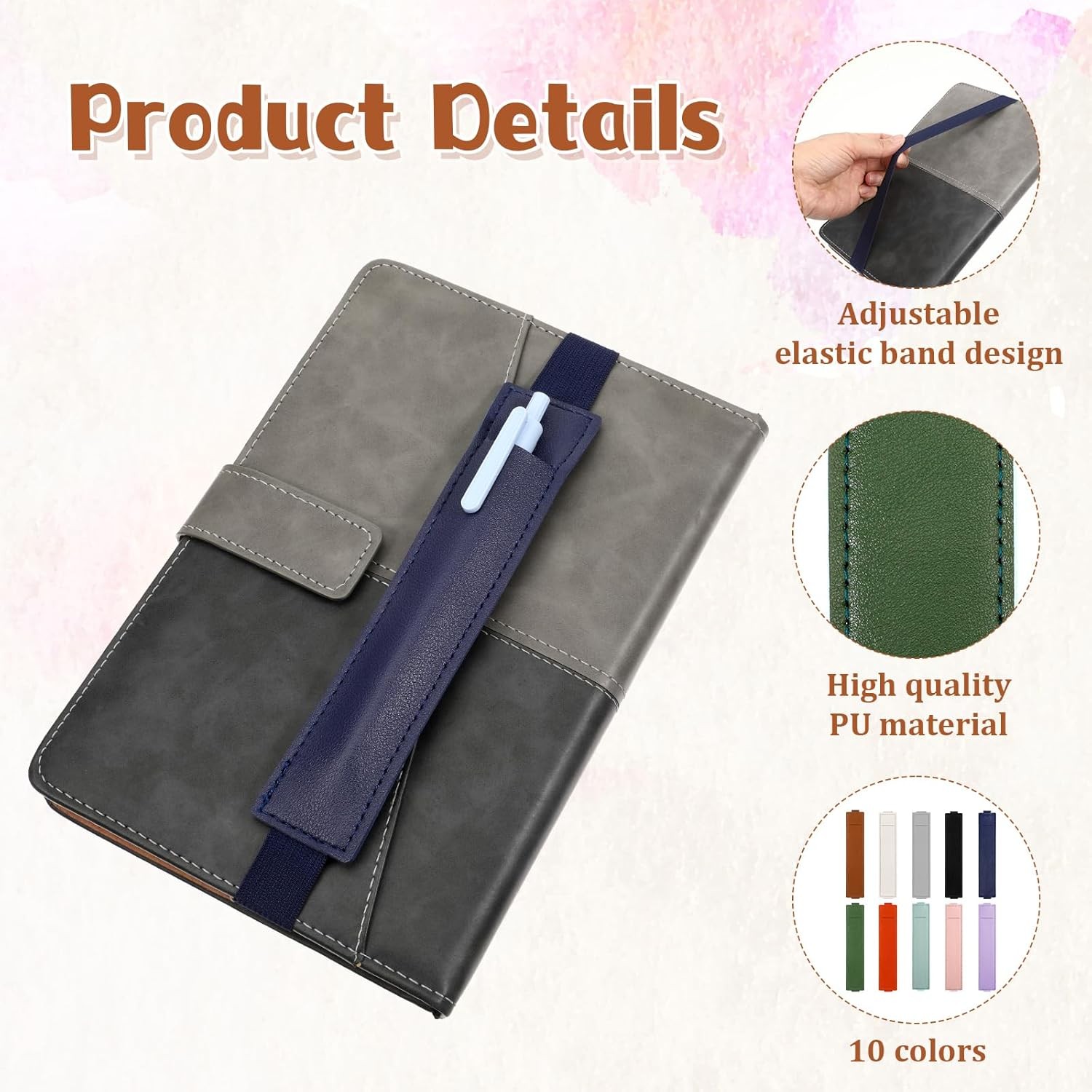 10 Pcs Pen Holder for Notebook, PU Leather Adjustable Book Strap, Notebook Pen H