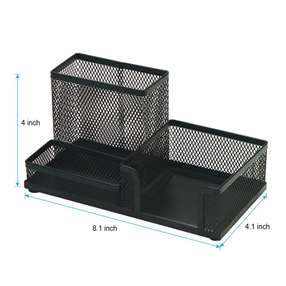 2-Piece Desk Pen Pencil Organizer Mesh Metal Cup Sticky Notes Holder Black