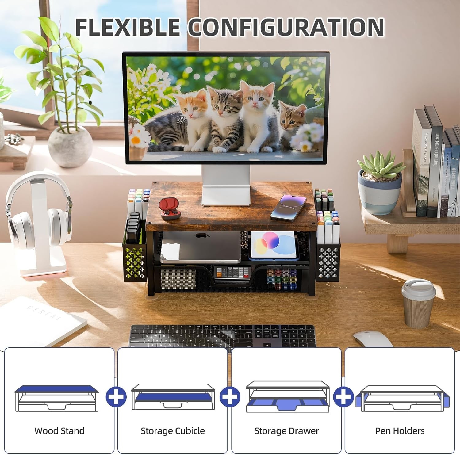 Ergonomic Computer Monitor Stand with Built-in Drawer & 2 Pen Holders – Brown