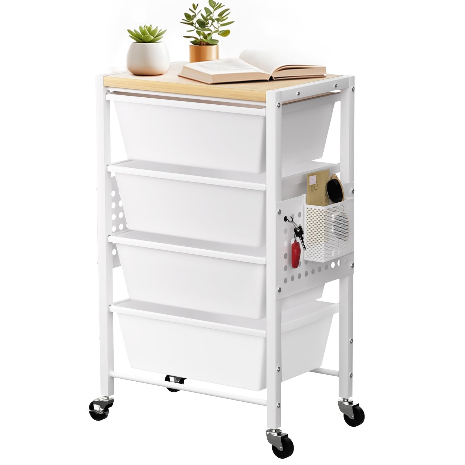 Rolling Cart with 4 Drawers, Plastic Drawer Storage 4-drawer, Bright White