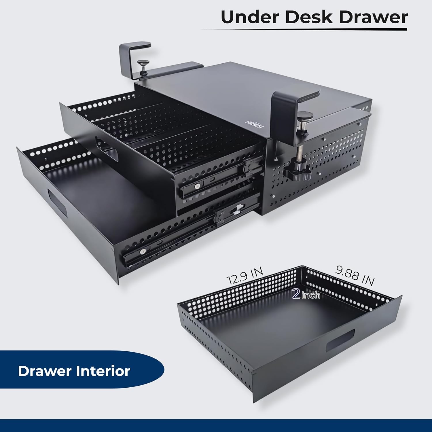 Under Desk Drawer – Clamp-On No-Drill Metal Organizer, Slide-Out Storage for