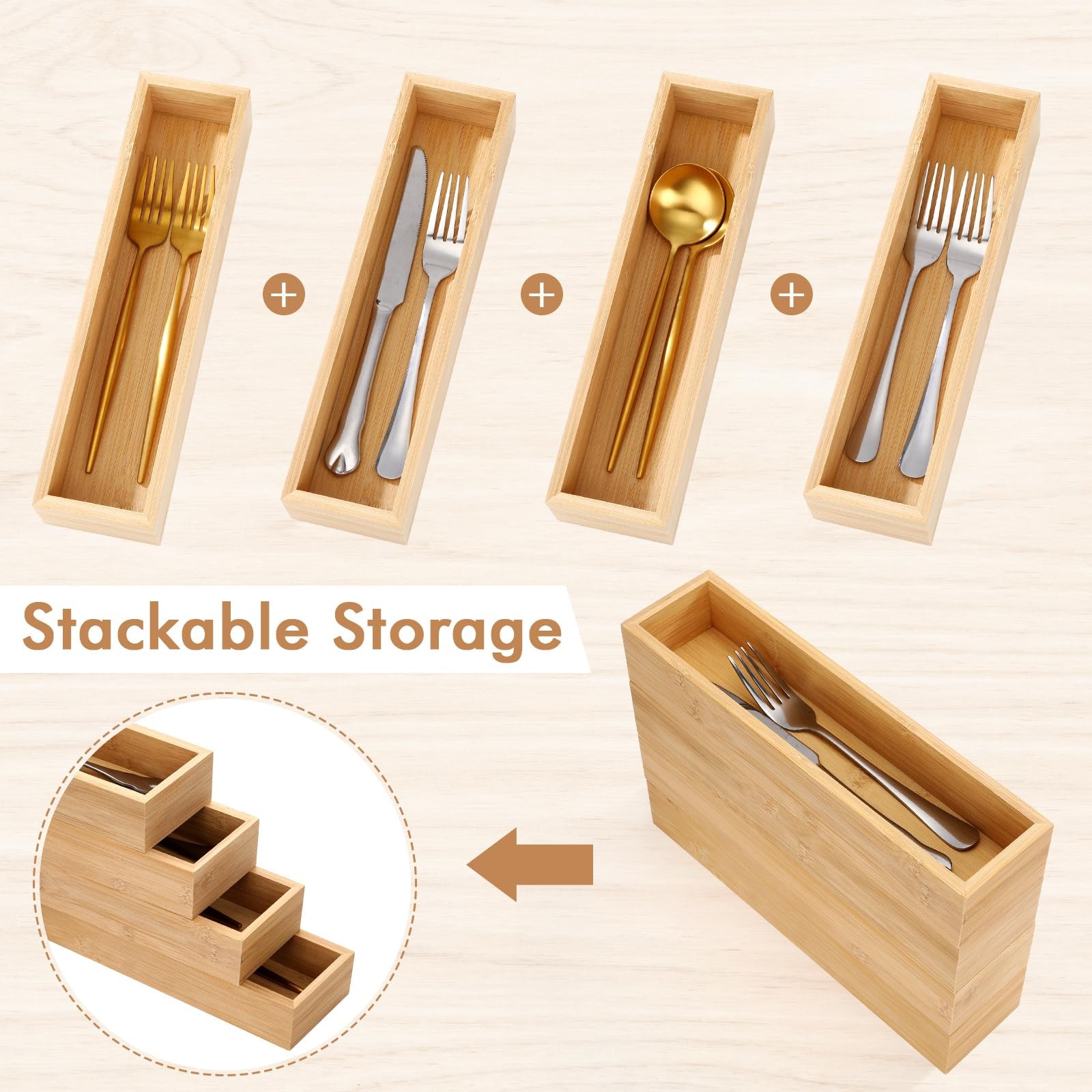 Ferrochef 4 Pcs Bamboo Drawer Organizer Stackable 12″ x 3″ x 2″, Natural