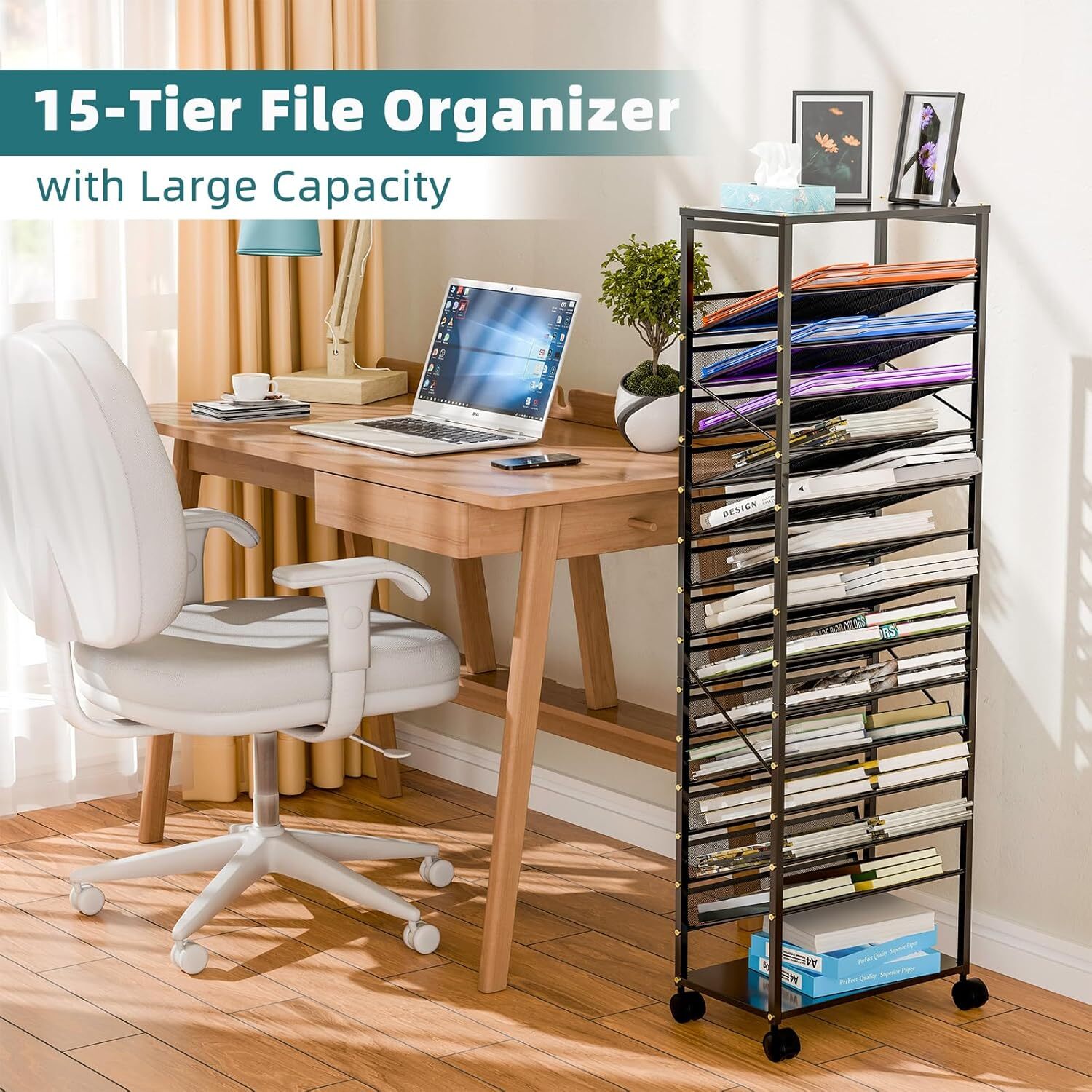 15 Tier Rolling File Cart, Mobile Desk File Organizer with Metal Mesh Paper Lett