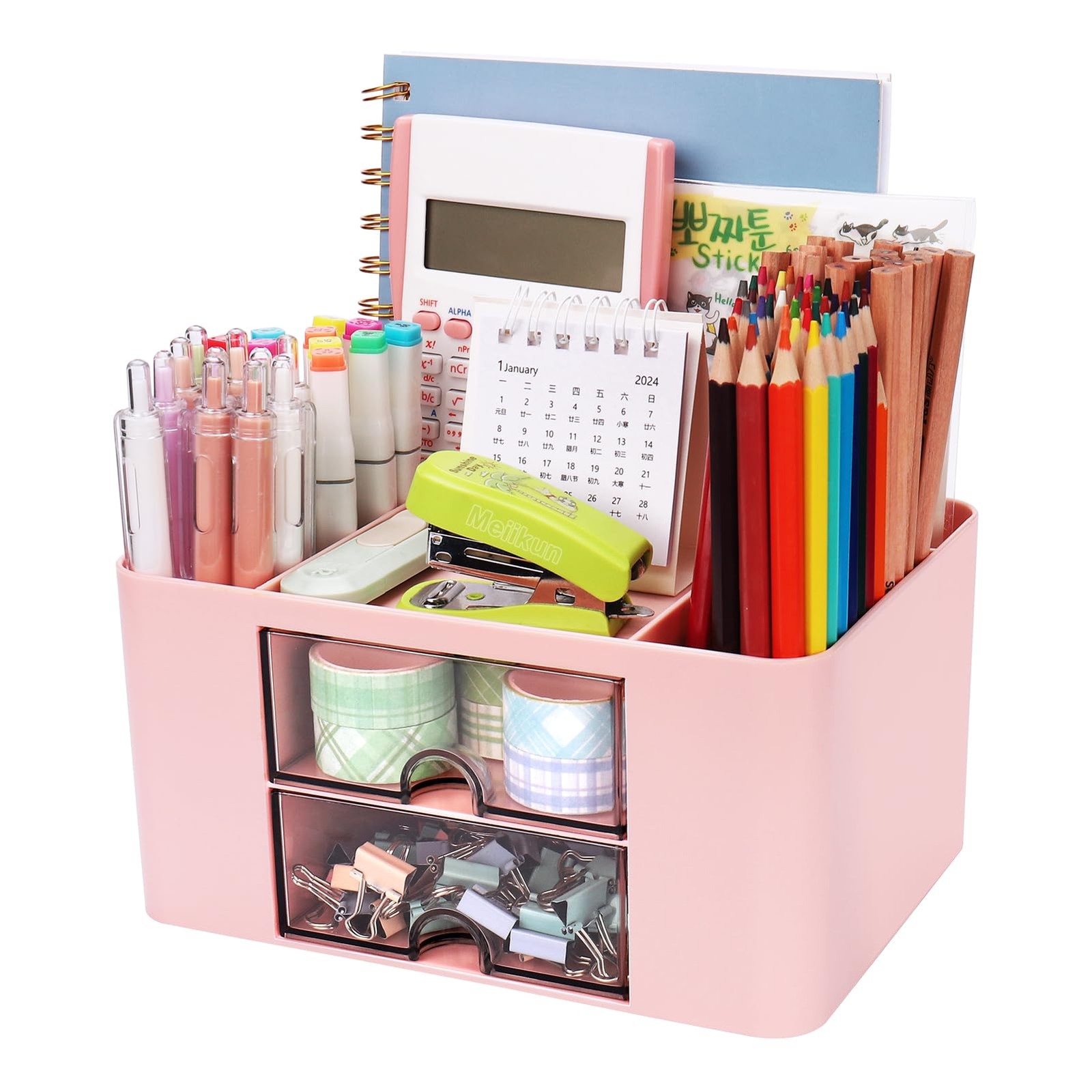 Desk Organizer With Drawers, Pen Pencil Holder, Office Storage, Pink