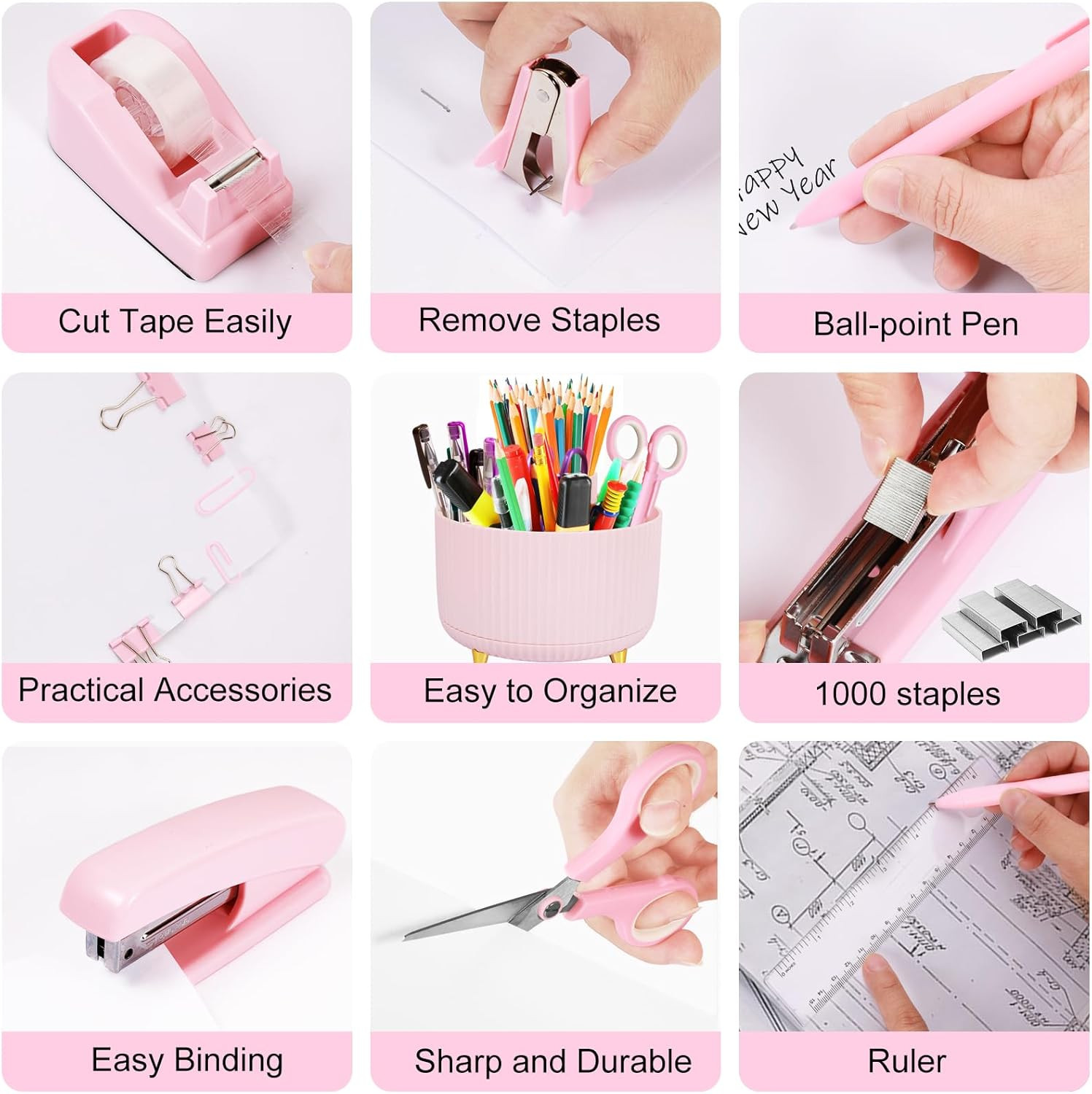 Pink Desk Organizers and Accessories Set with 360-Degree Rotating Pen Holder, Ta