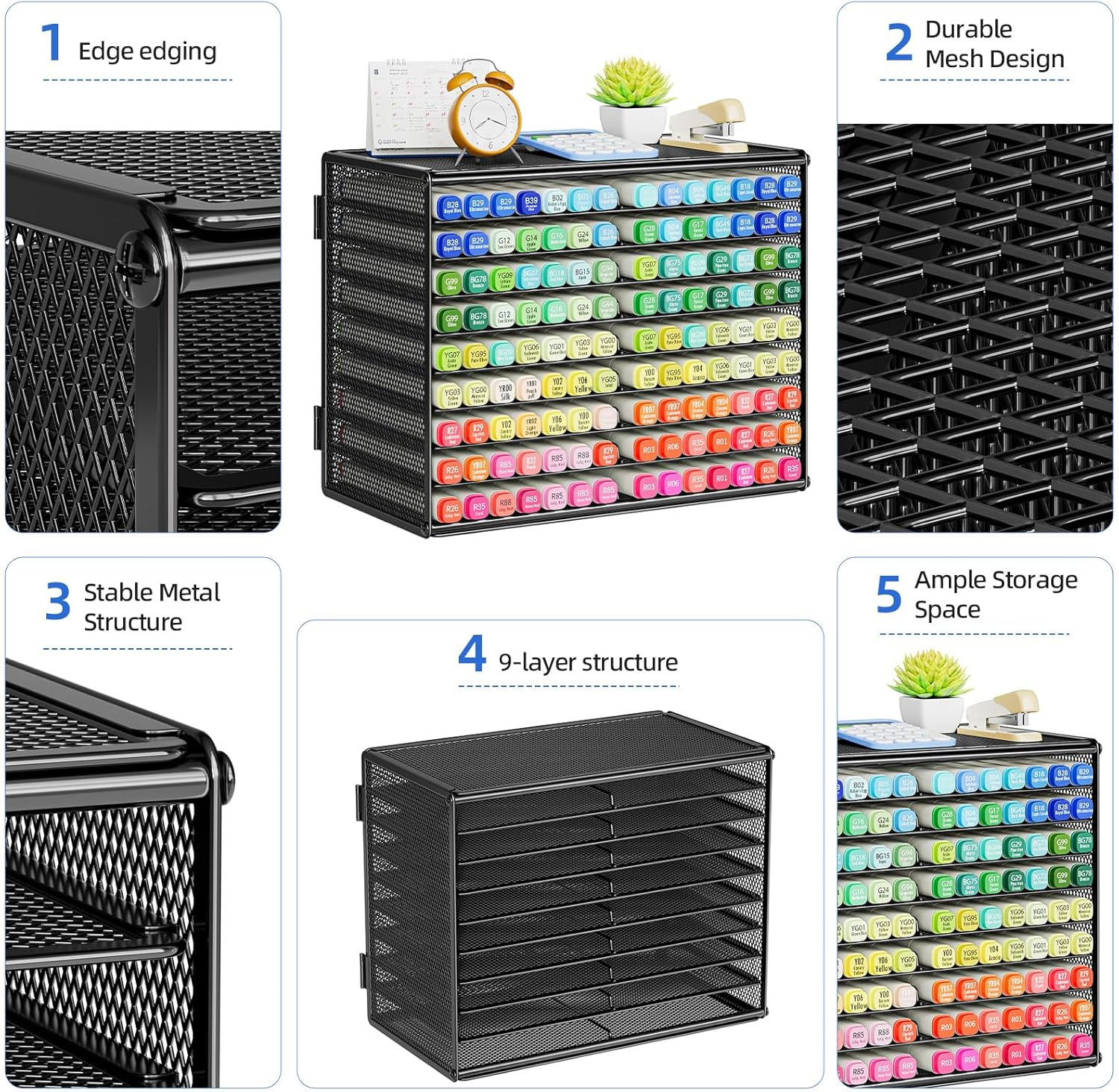 Mesh Marker Organizer, Metal Desktop Storage Rack for 126 Markers, Pens, Pencils