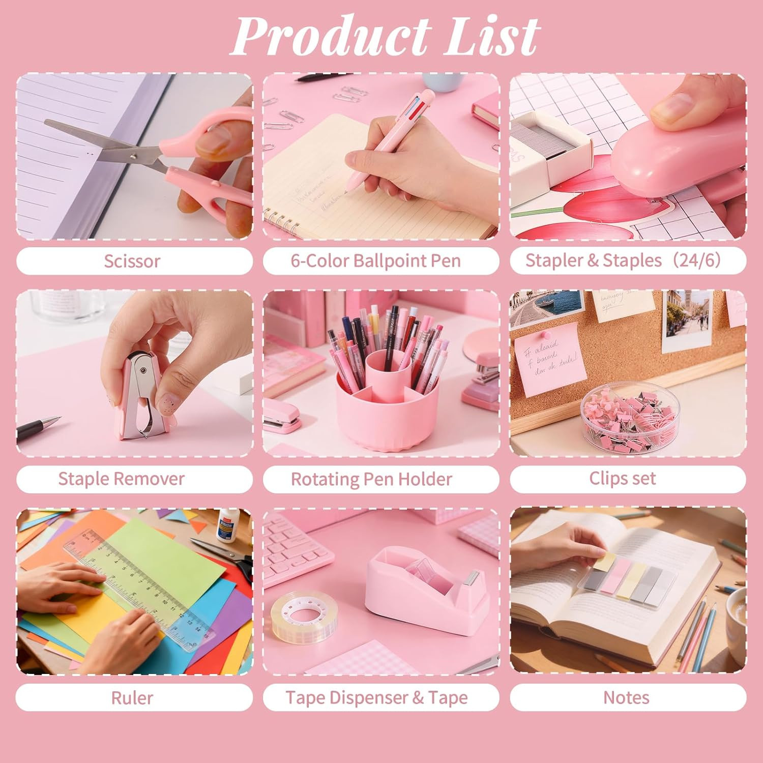 Pink Desk Accessories, 11Pcs Desk Organizer with 360°Rotating Pen Holder, Staple