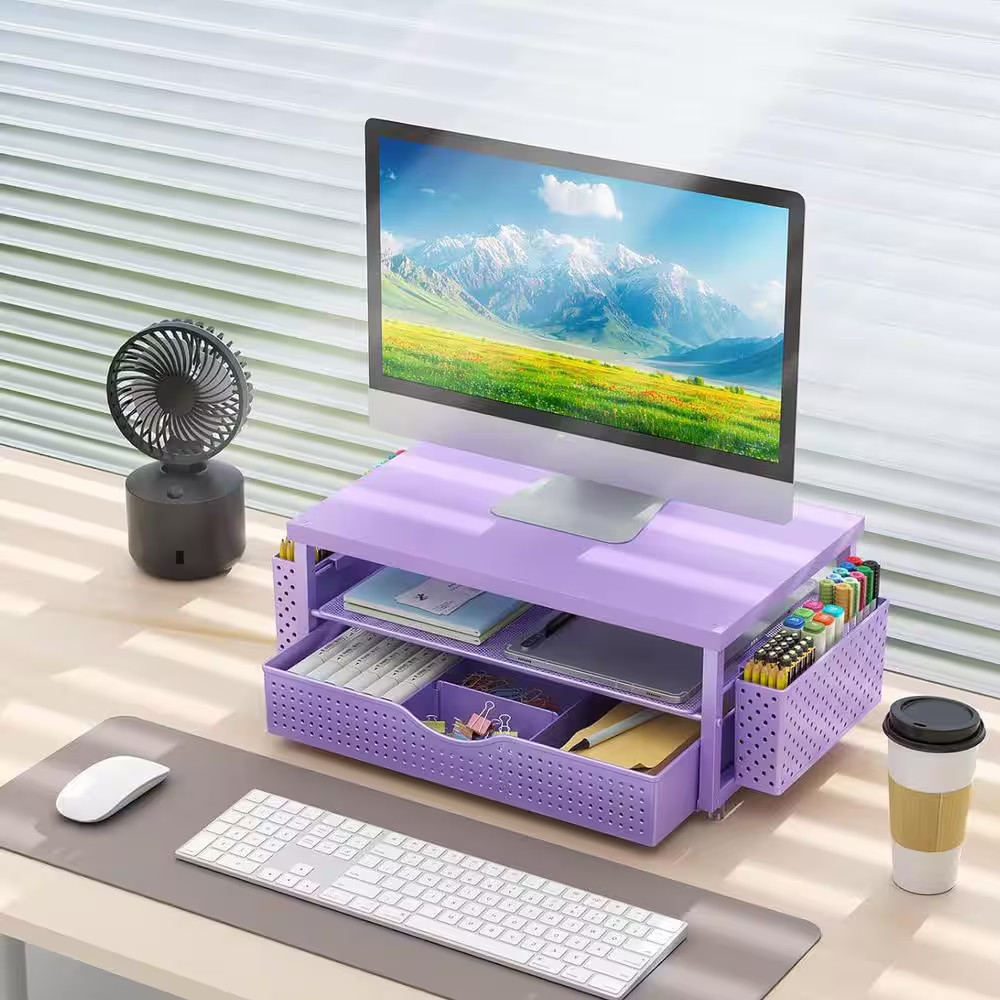 Purple 15 In. X 6 In. Metal Modern Desk Organizer Stand with Drawer and Pen Hold