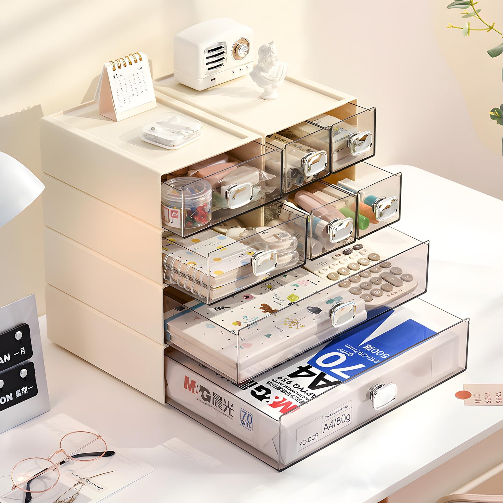 OSteed Spacious Desktop Storage Box, 1 Large 1 Drawer, Cream