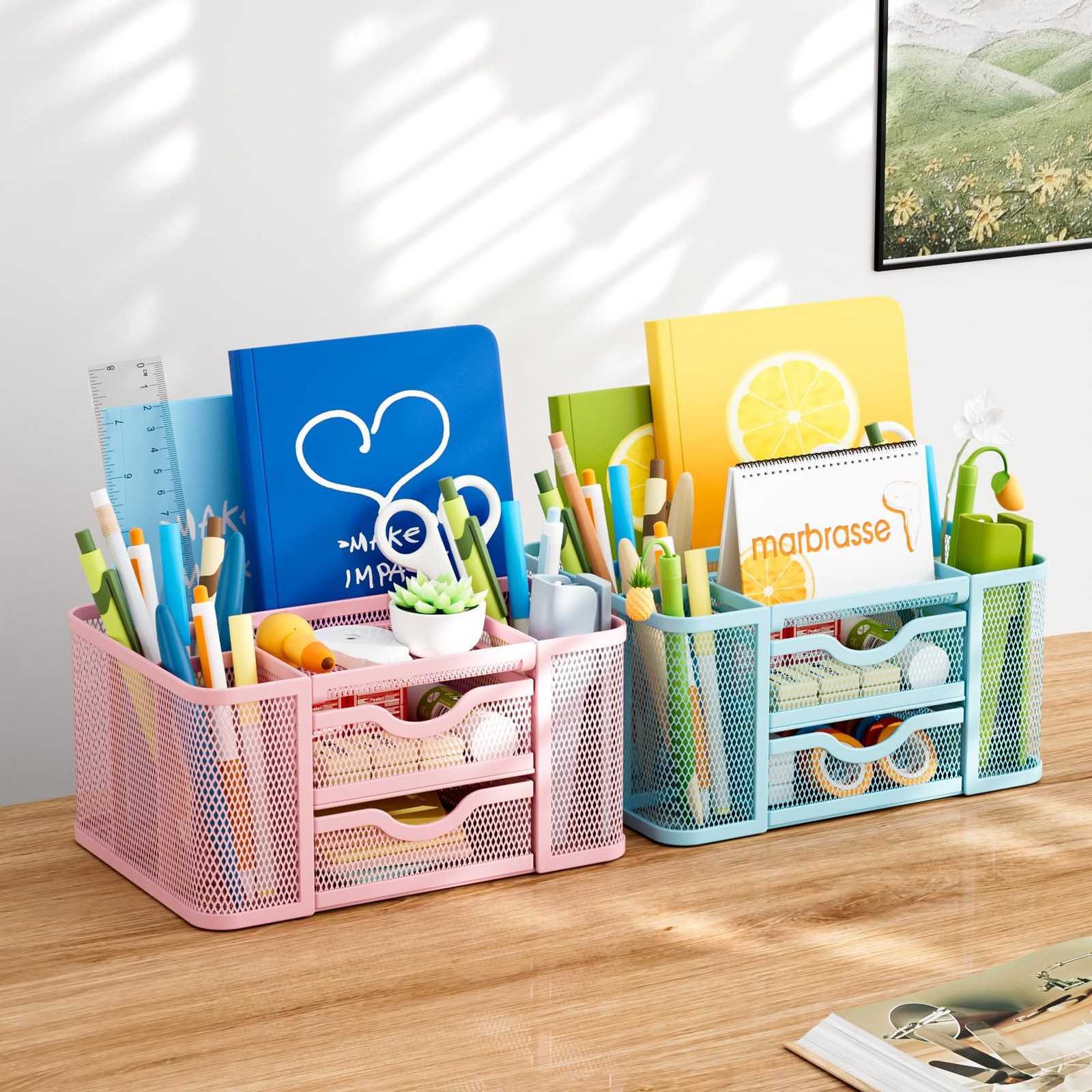 Mesh Desk Organizer, Pen Organizer with 2 Drawer, Multi-Functional Pencil Hol…