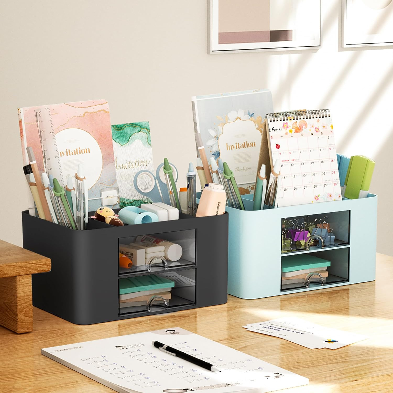 Pen Organizer with 2 Drawer, Multi-Functional Pencil Holder for Desk, Desk Organ