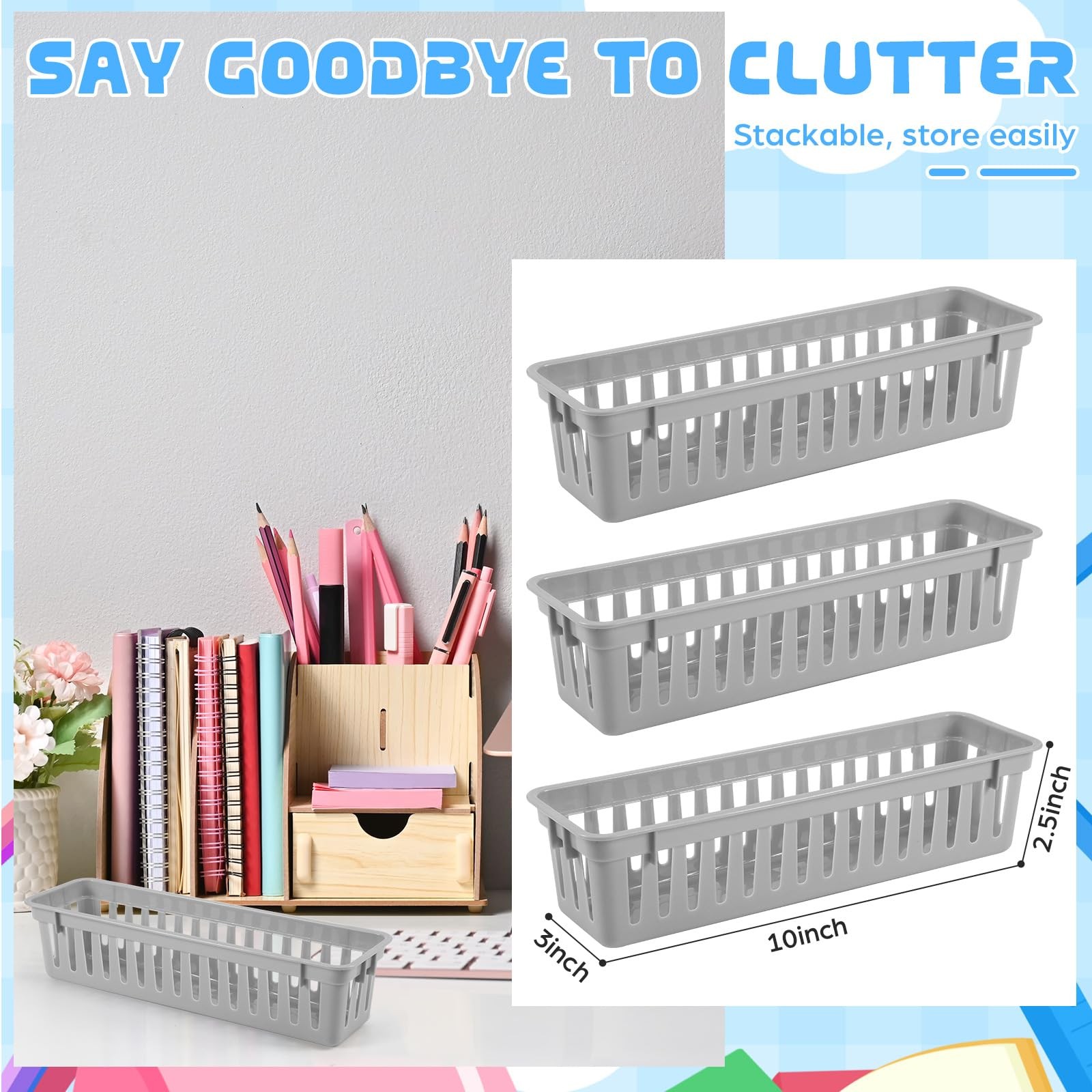 12 Pcs Gray Slim Plastic Storage Baskets Tray 10 x 3 x 2.5 Inch Compact Stack…