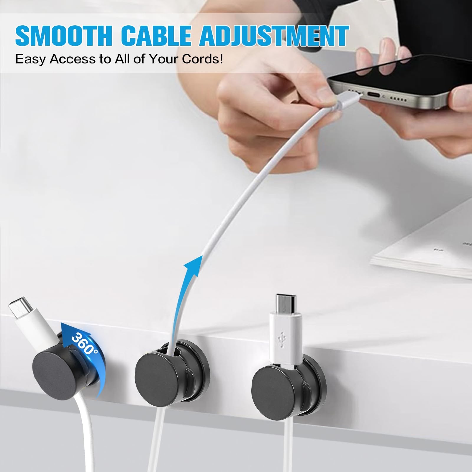 6PC Cord Organizer Holder, 360° Rotatable Spring Cable Clips, Small, Black
