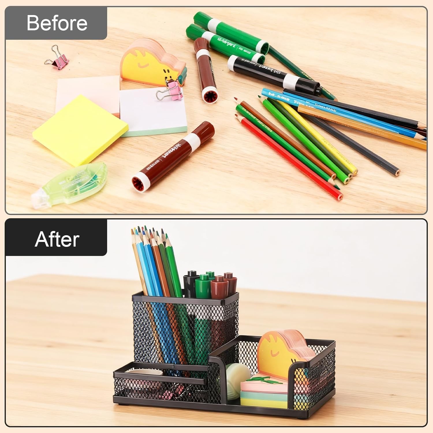 Mesh Pen Pencil Holder Desk Organizer, 3 Compartment Wire Desktop Pen Pencil …