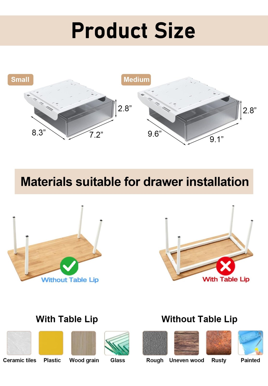 Under Desk Drawer Set of 2, Smooth Slide-Out Storage (Medium/Small), Thick PE…