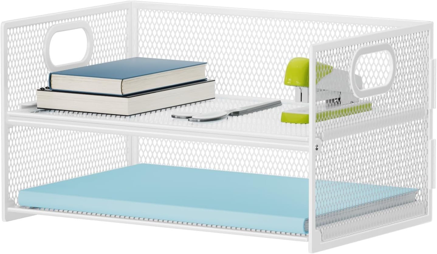 2 Tier Paper Organizer Letter Tray Mesh File with Handle Sorter Desk for Home