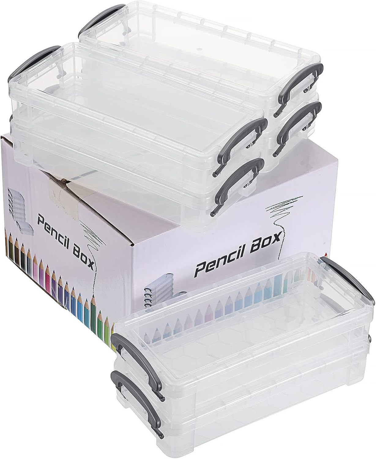 Large Pencil Box Set – 6 Clear Organizers for Art & Office Supplies