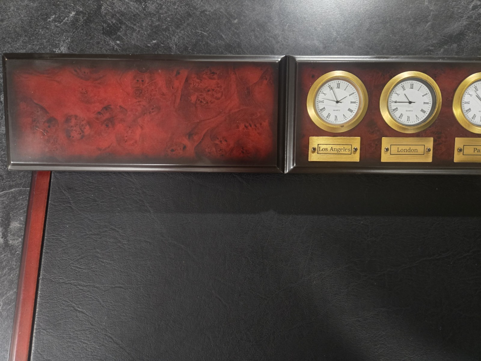 Rare Vtg Bombay Company Leather & Wood Executive Desk World 4 Clock Pad Blotter