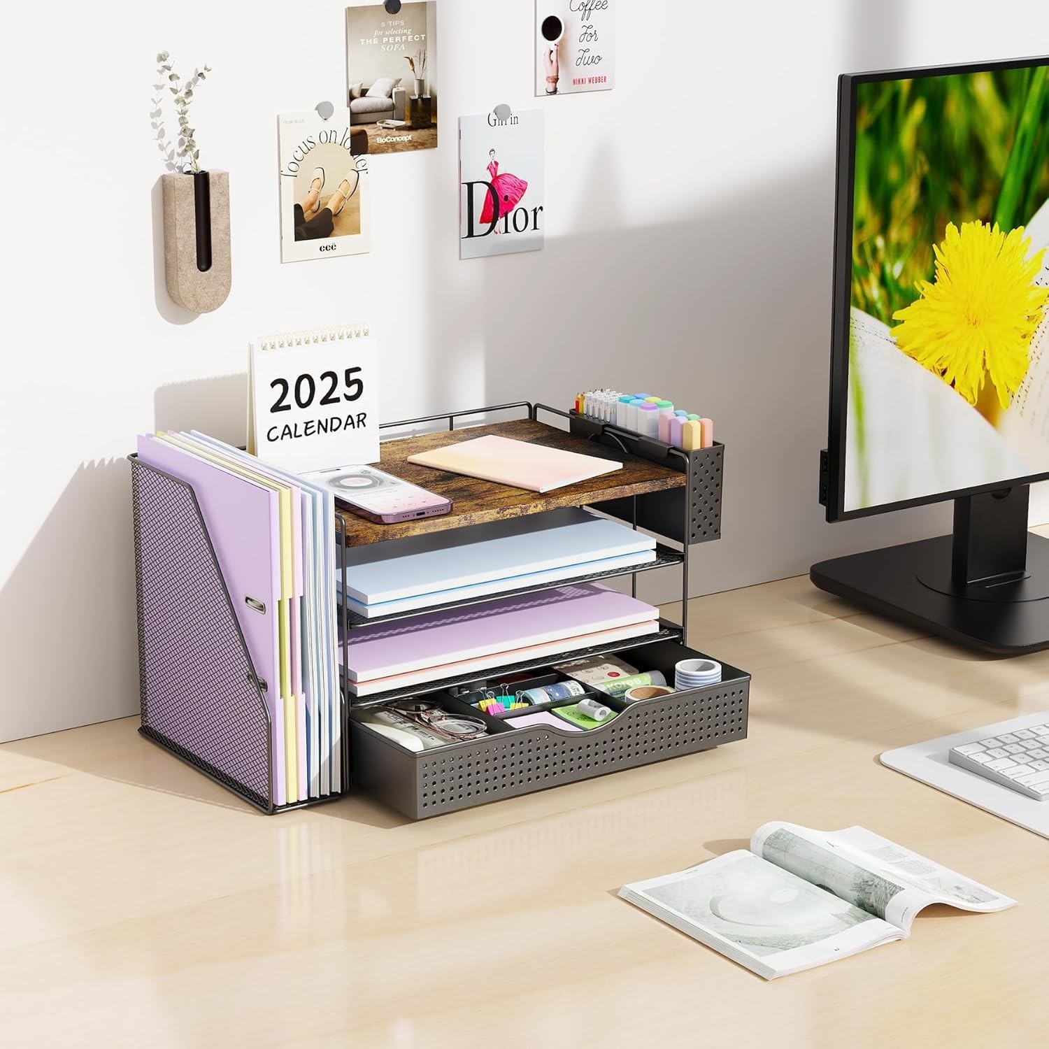 Wood Desk Organizers and Accessories with File Holder, 4-Tier Desk Accessorie…