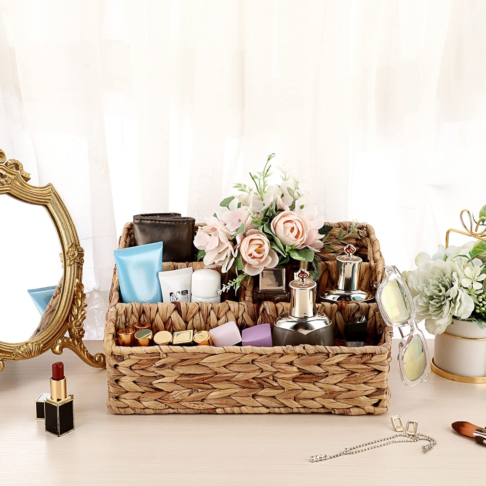 Woven Divided Storage Basket Natural Hyacinth Vertical Wicker 4 Compartments