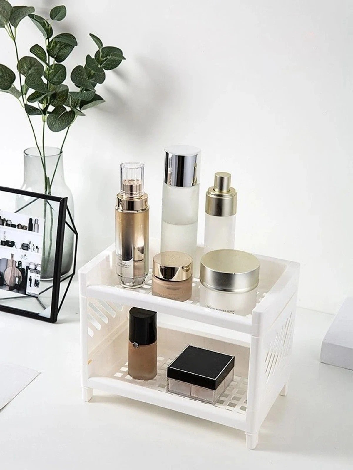 Double Layer Desktop Storage Rack PP Organizer Office Makeup Stationery Holder