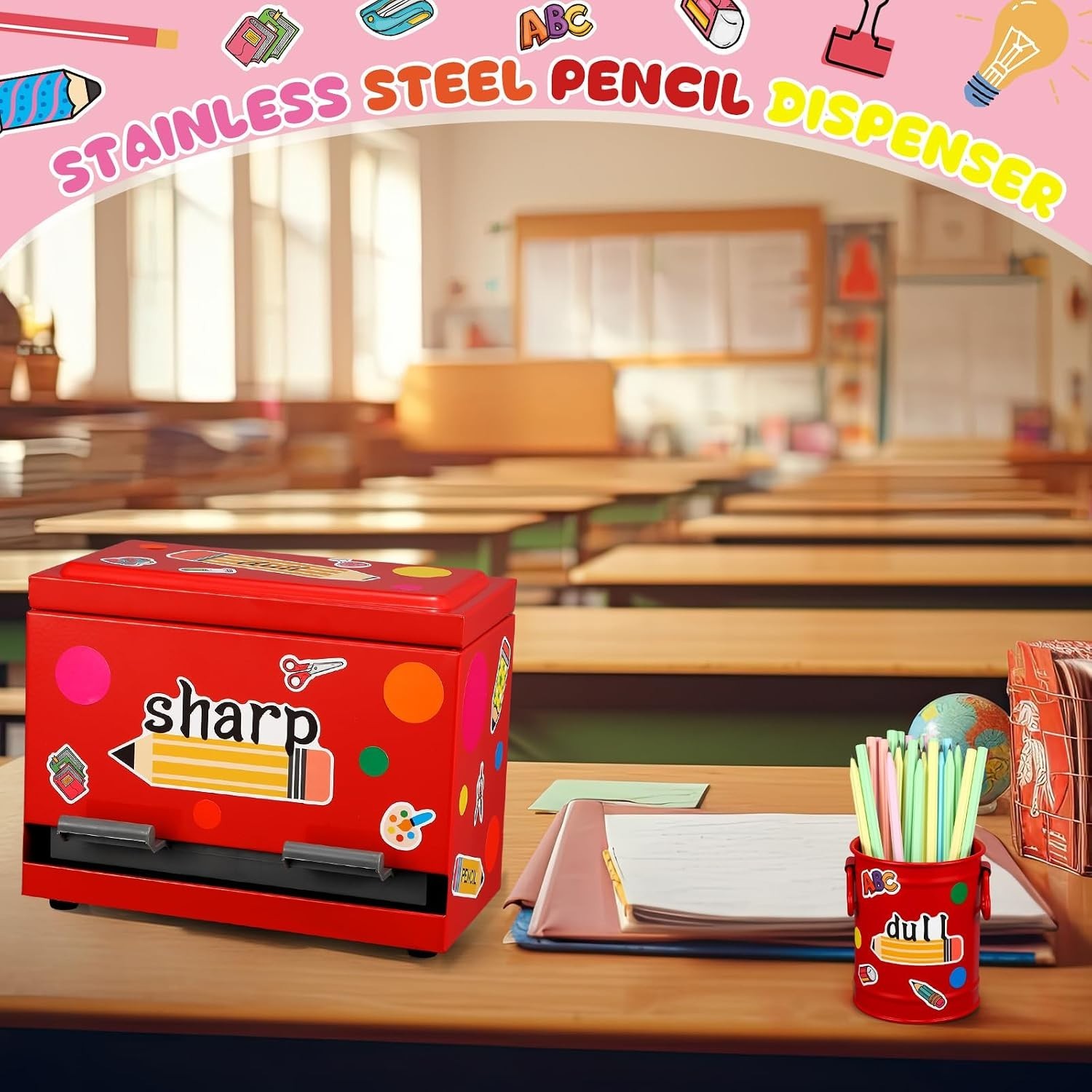 8-Piece Red Stainless Steel Pencil Dispenser Kit for Classrooms