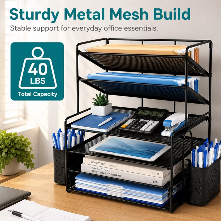 6 Tier Desk Organizer Metal Mesh Paper Document Letter File Tray Pen Holders Bla