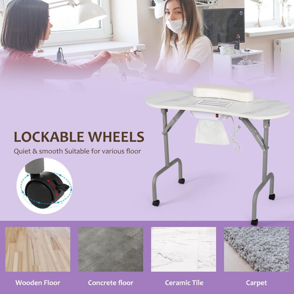 AGESISI Portable Manicure Table 35.43″L x 14.5″W x 27.95″H, White Marbled