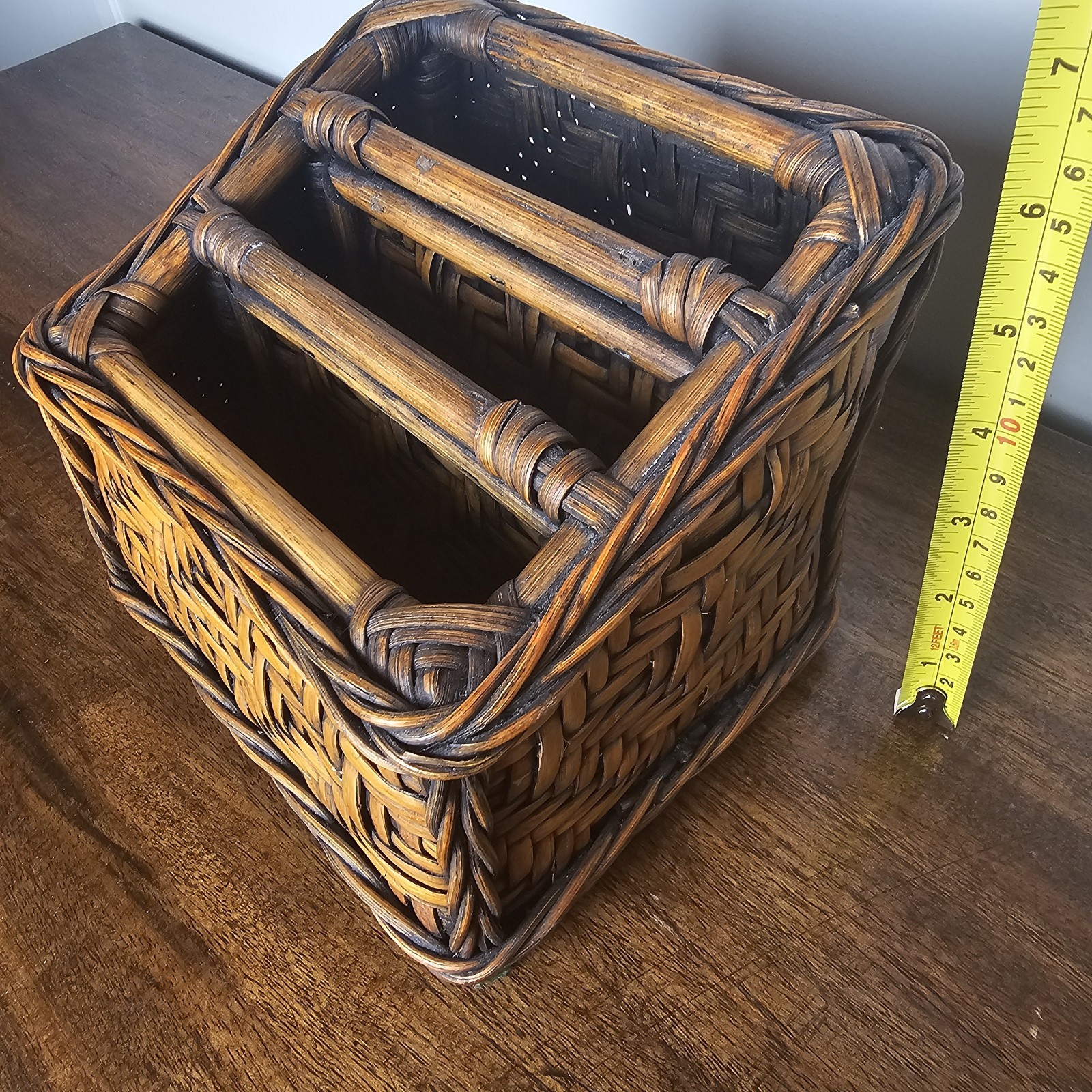 Boho Chic Woven Rattan Bamboo Desk Organizer 3 Compartment Vintage Storage