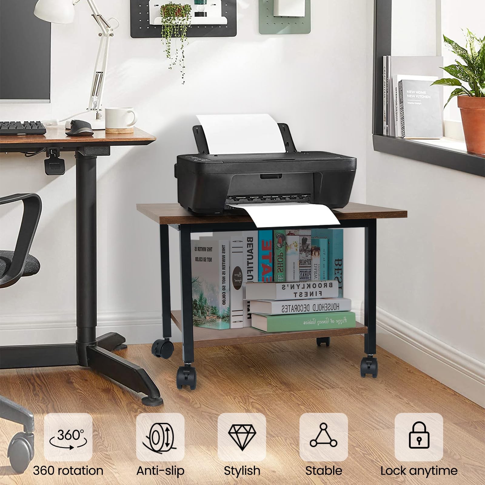 SwaaVee Printer Stand with Storage Under Desk Shelf, Desktop Rustic Brown