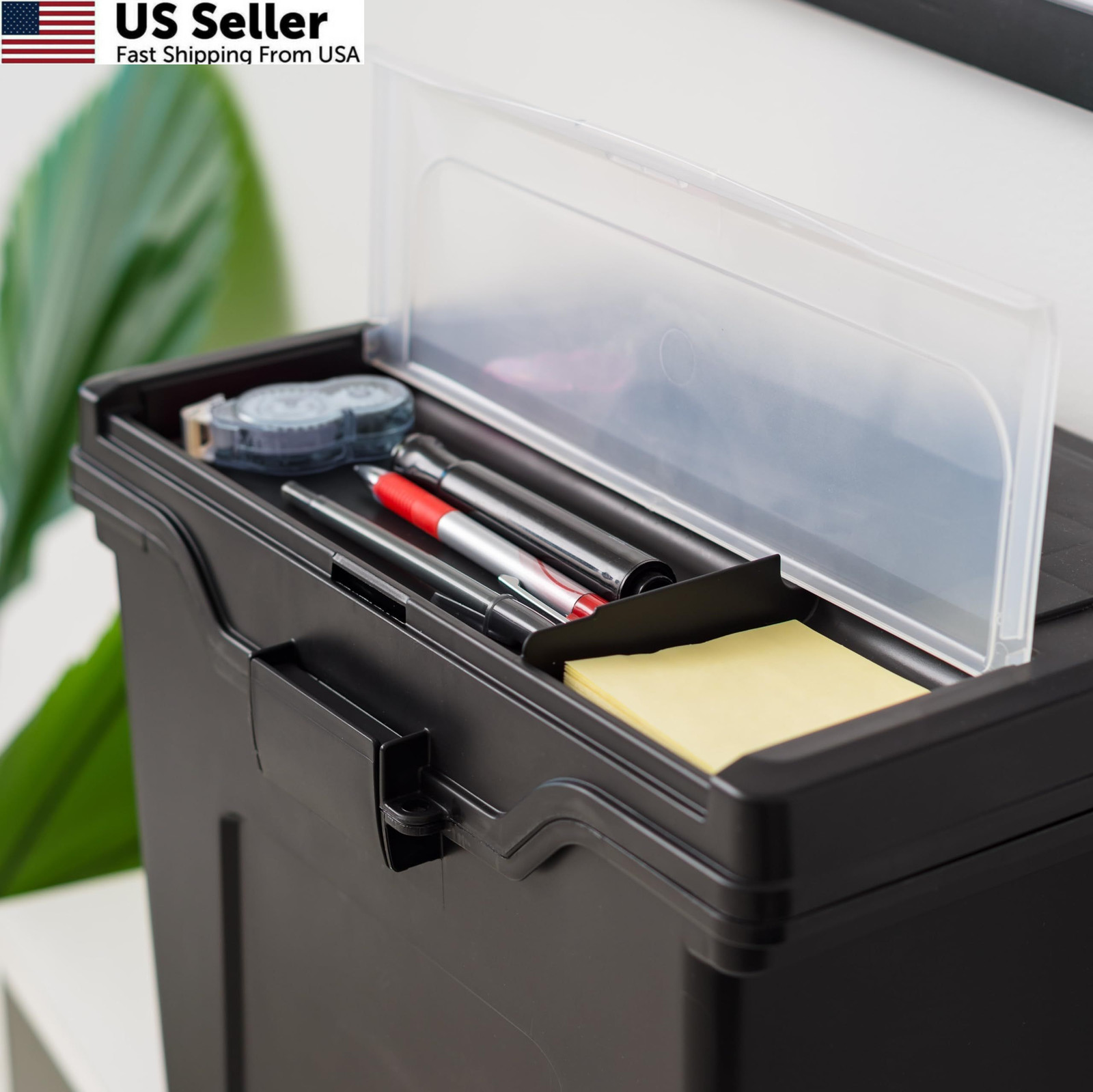 IRIS USA File Box with Lid Organizer for Letter Single, Black w/ Handle