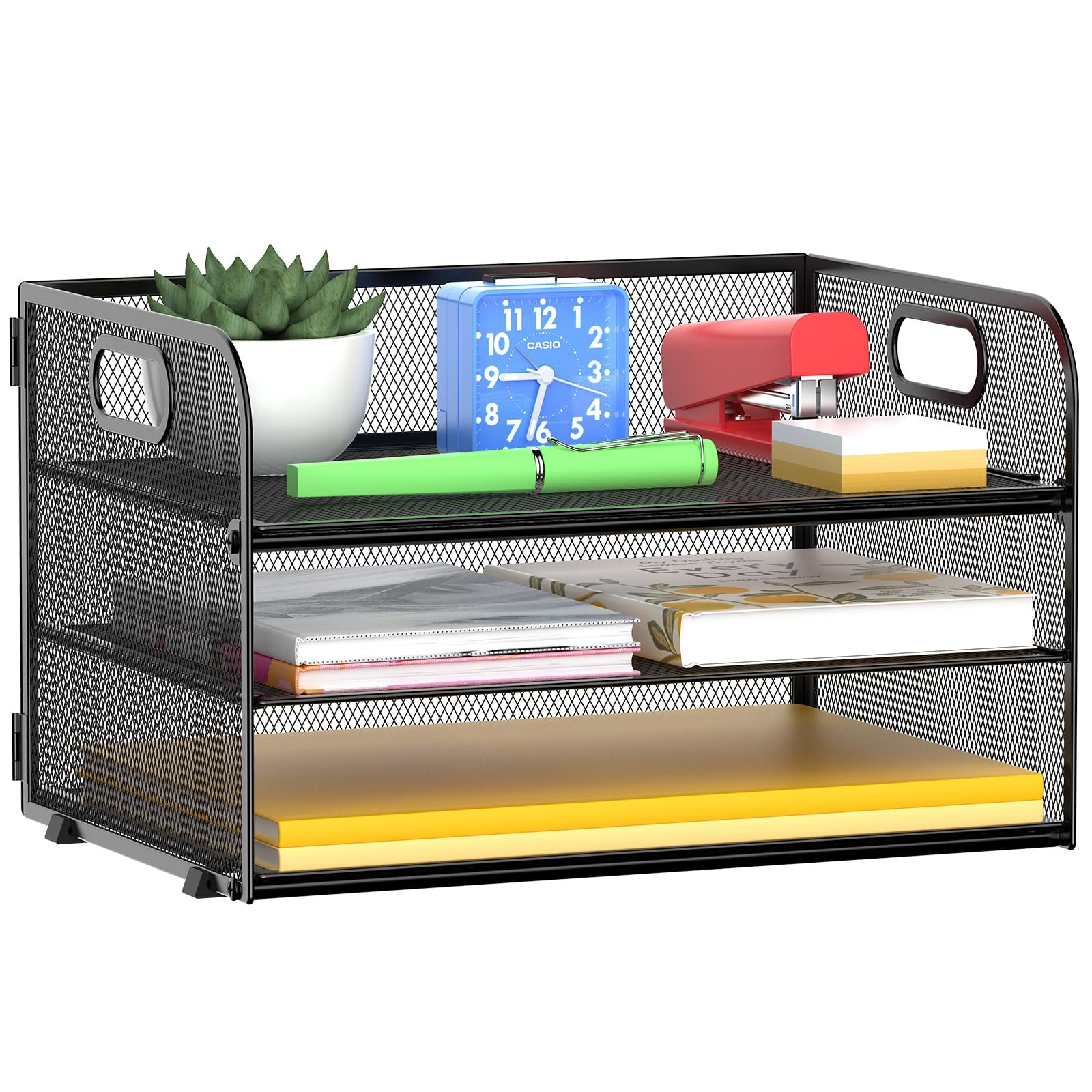 MINDEPOT 3 Tier Paper Organizer Tray with Handle, Mesh Letter Tray for Office…