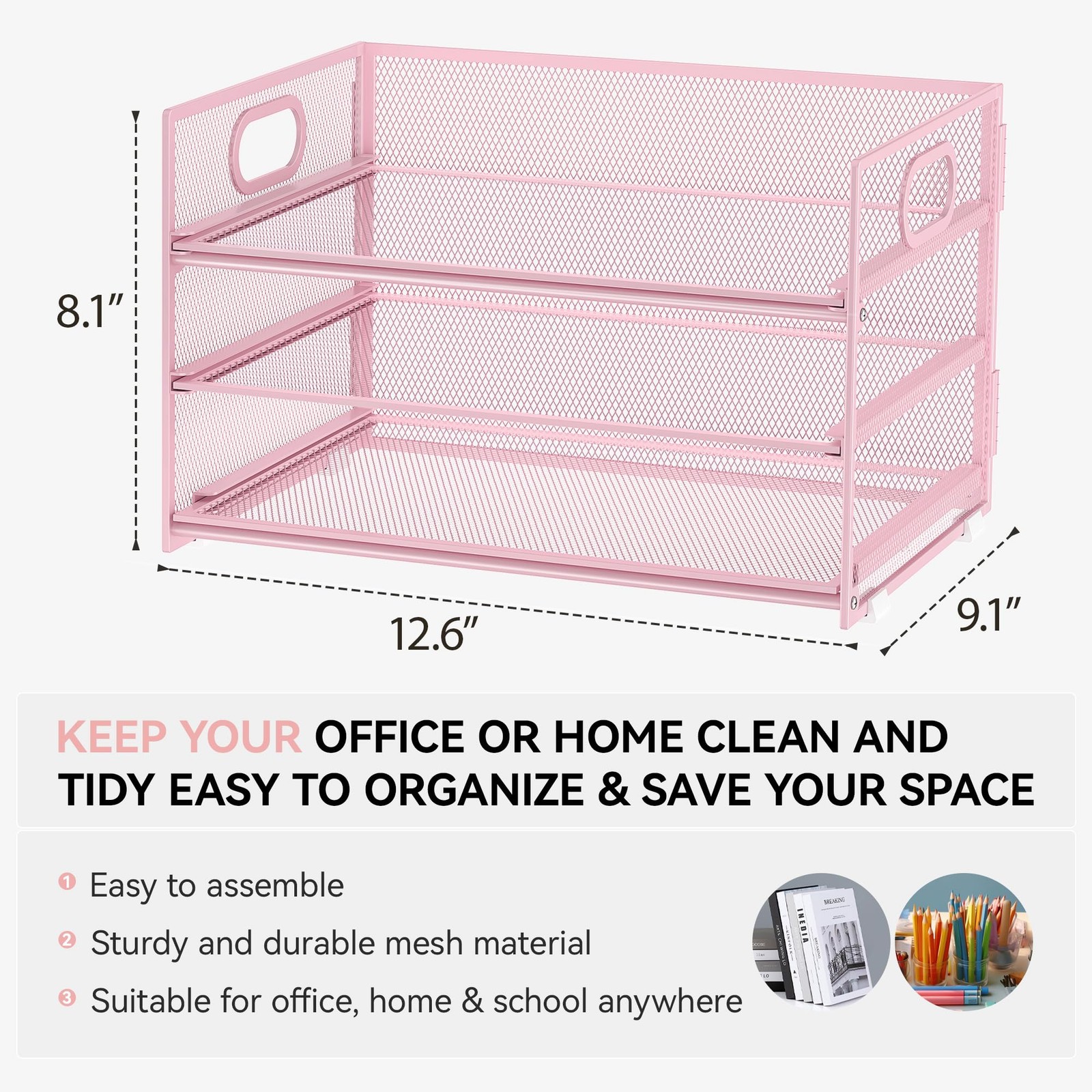 1 Set 3 Tier Paper Letter Tray Organizer Desk Mesh Sorter Pink