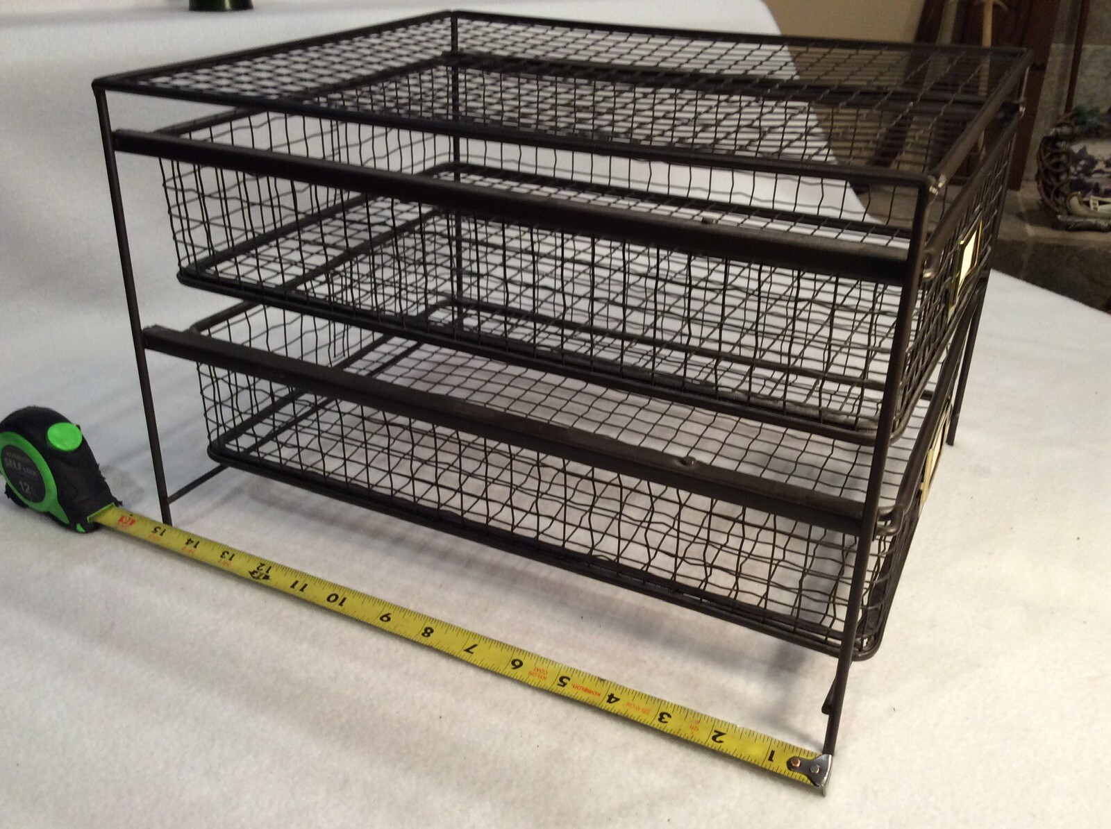 Vintage Metal Wire Office Desk Top File Paper Double Sliding Basket Storage Bin