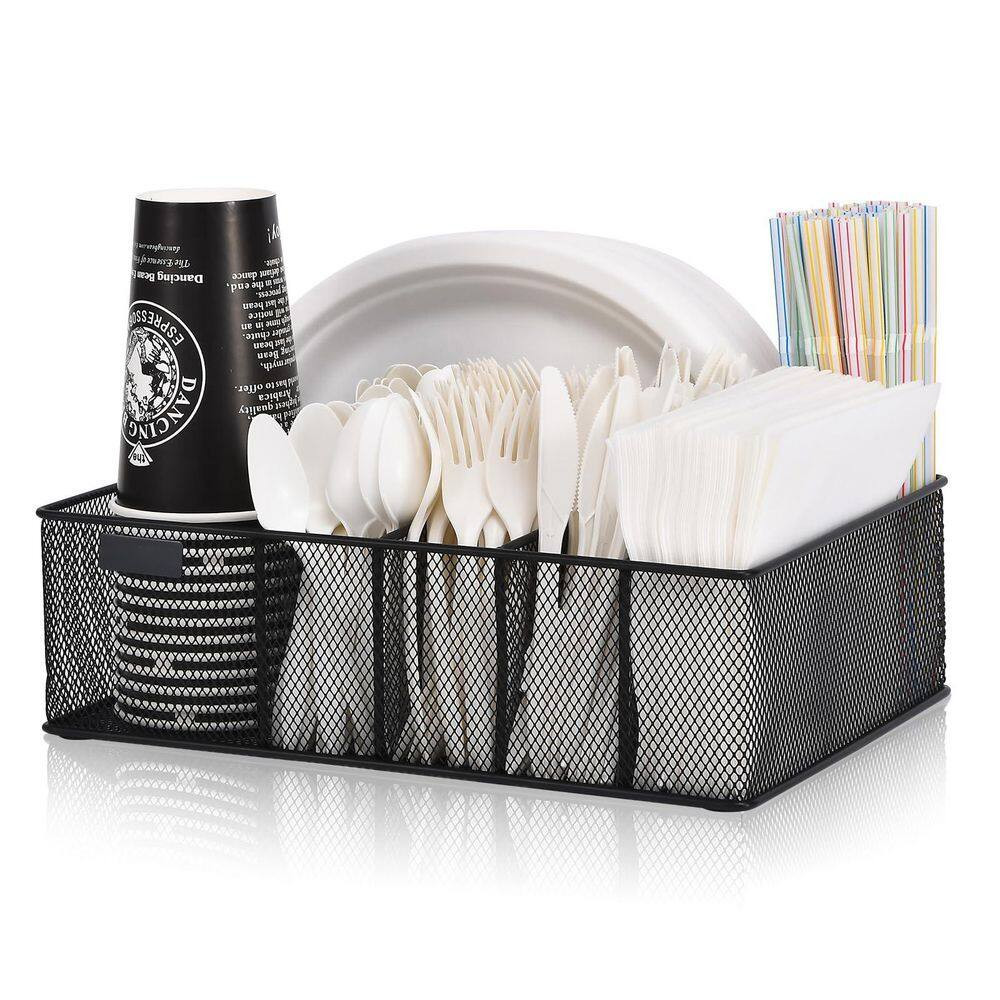 Countertop Black Metal Paper Plate Organizer with 6 Compartments Cup Napkin Uten