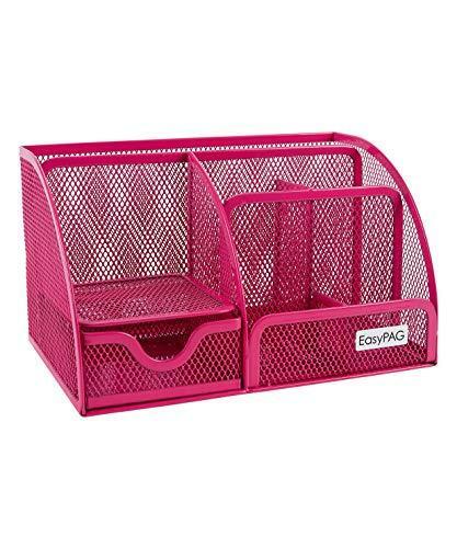 EasyPAG Mesh Office Desk Organizer 6 Compartments with Drawer,Pink