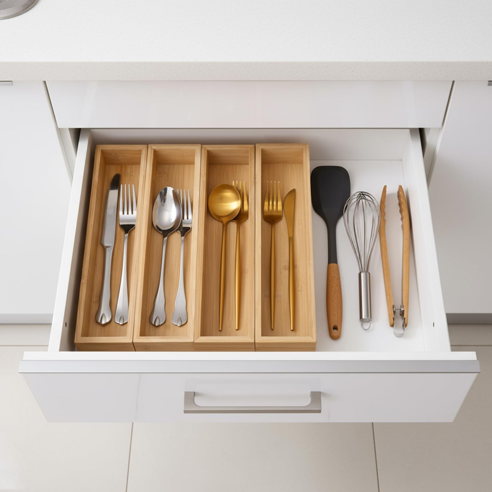 Ferrochef 4 Pcs Bamboo Drawer Organizer Stackable 12″ x 3″ x 2″, Natural