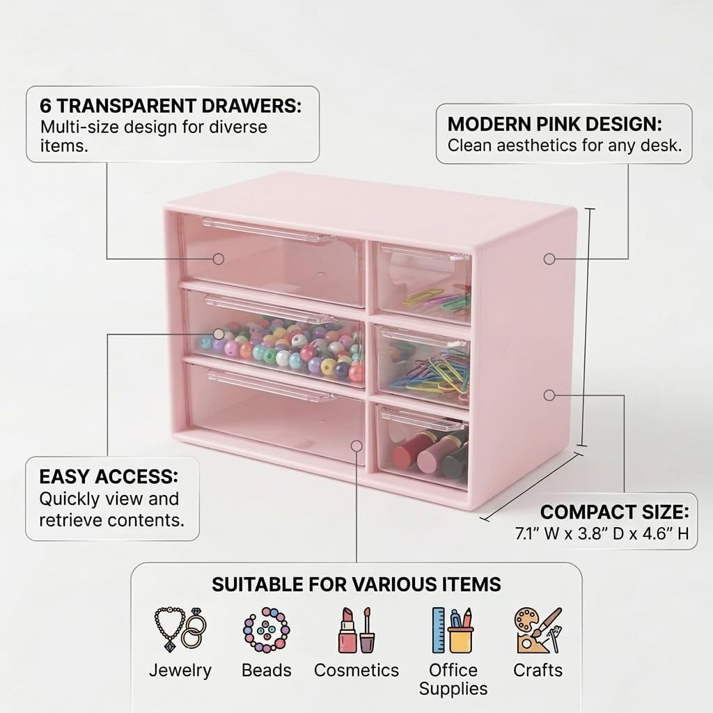 Small Drawer Organizer for Desk with 6 Clear Drawers, Mini Desktop Storage Box P