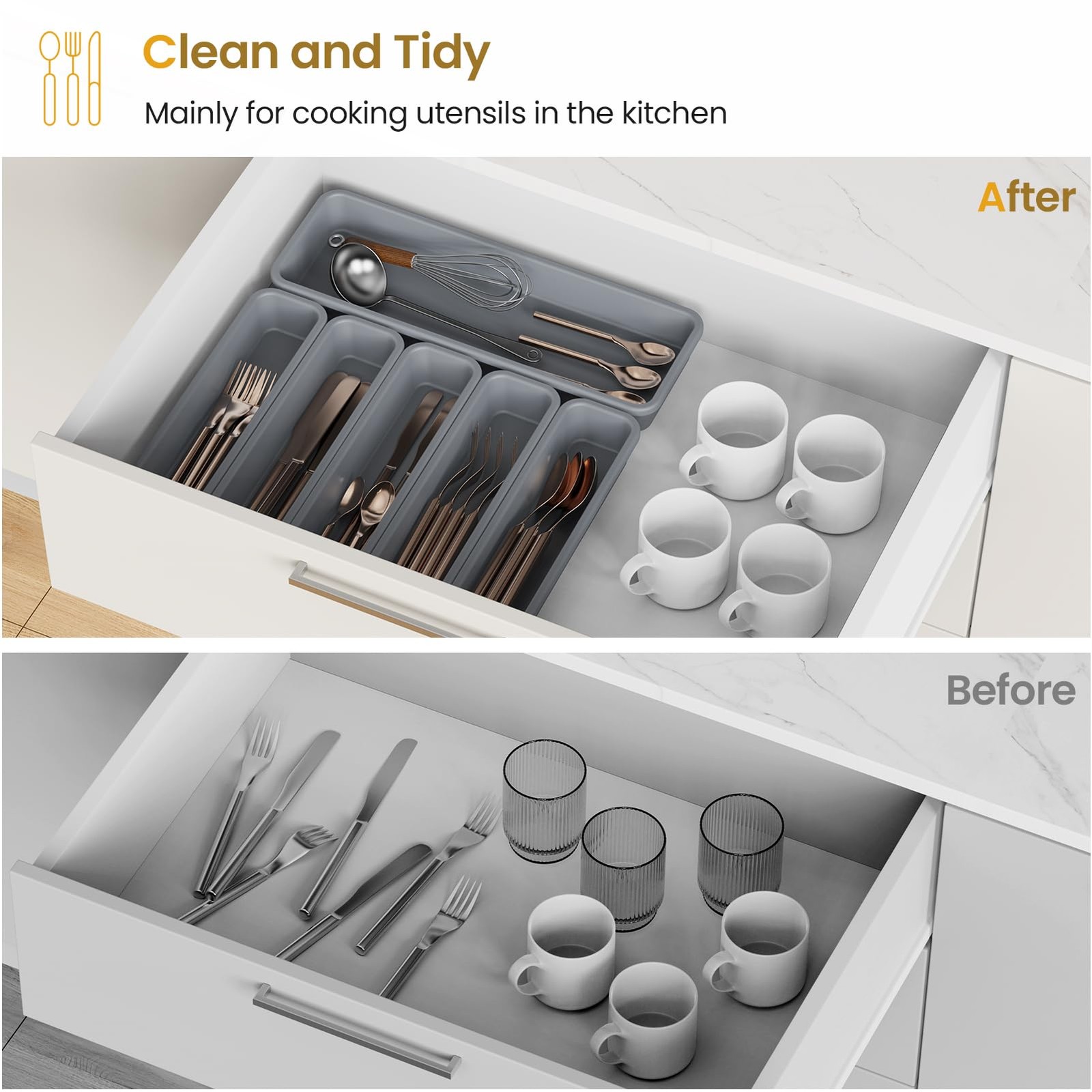 K KORKUAN 6 Pack Silicone Drawer Organizer for Kitchen, DIY Free 6 Pack, Grey