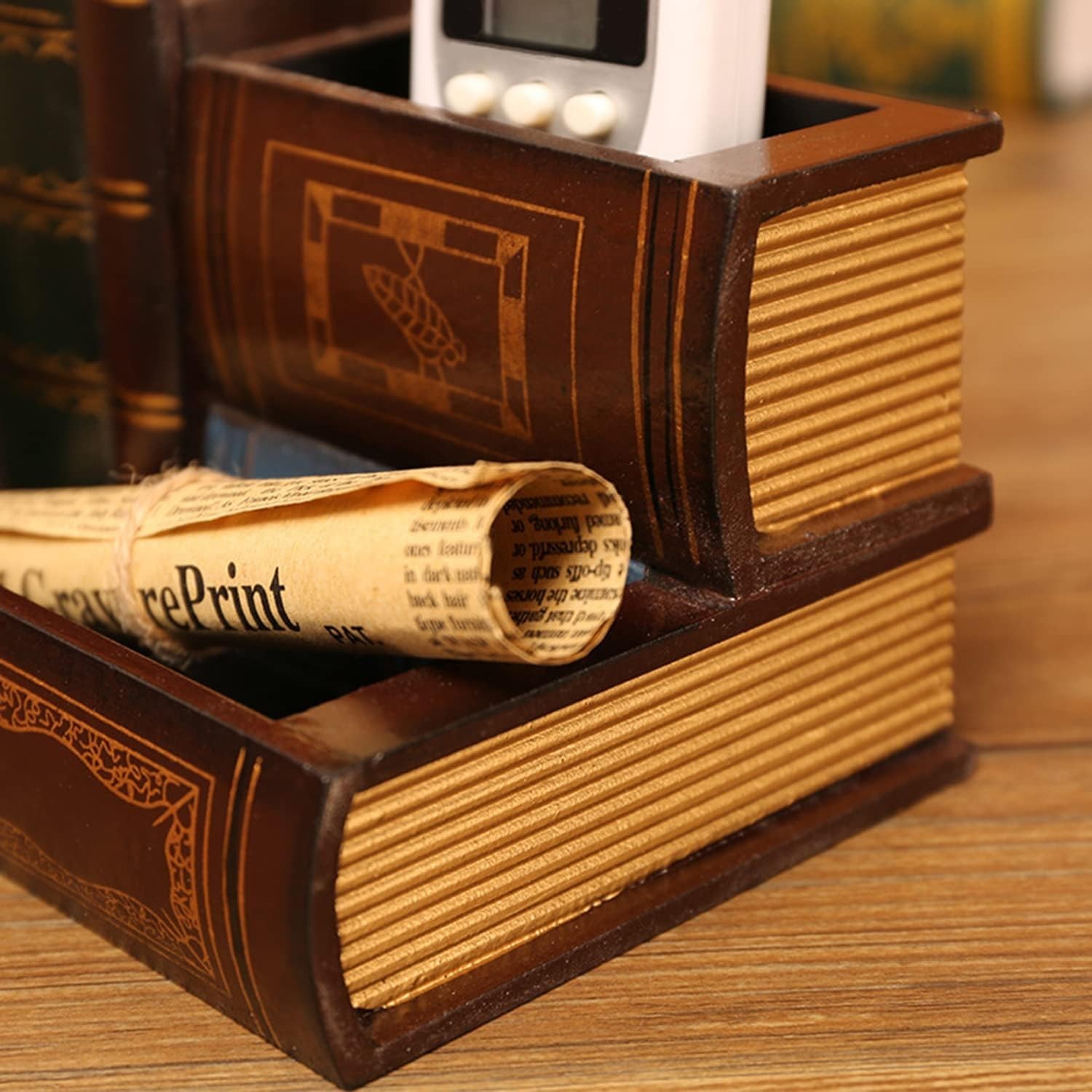 Decorative Pen Holder W/ Storage Compartment Wooden Pencil Holder & Organizer