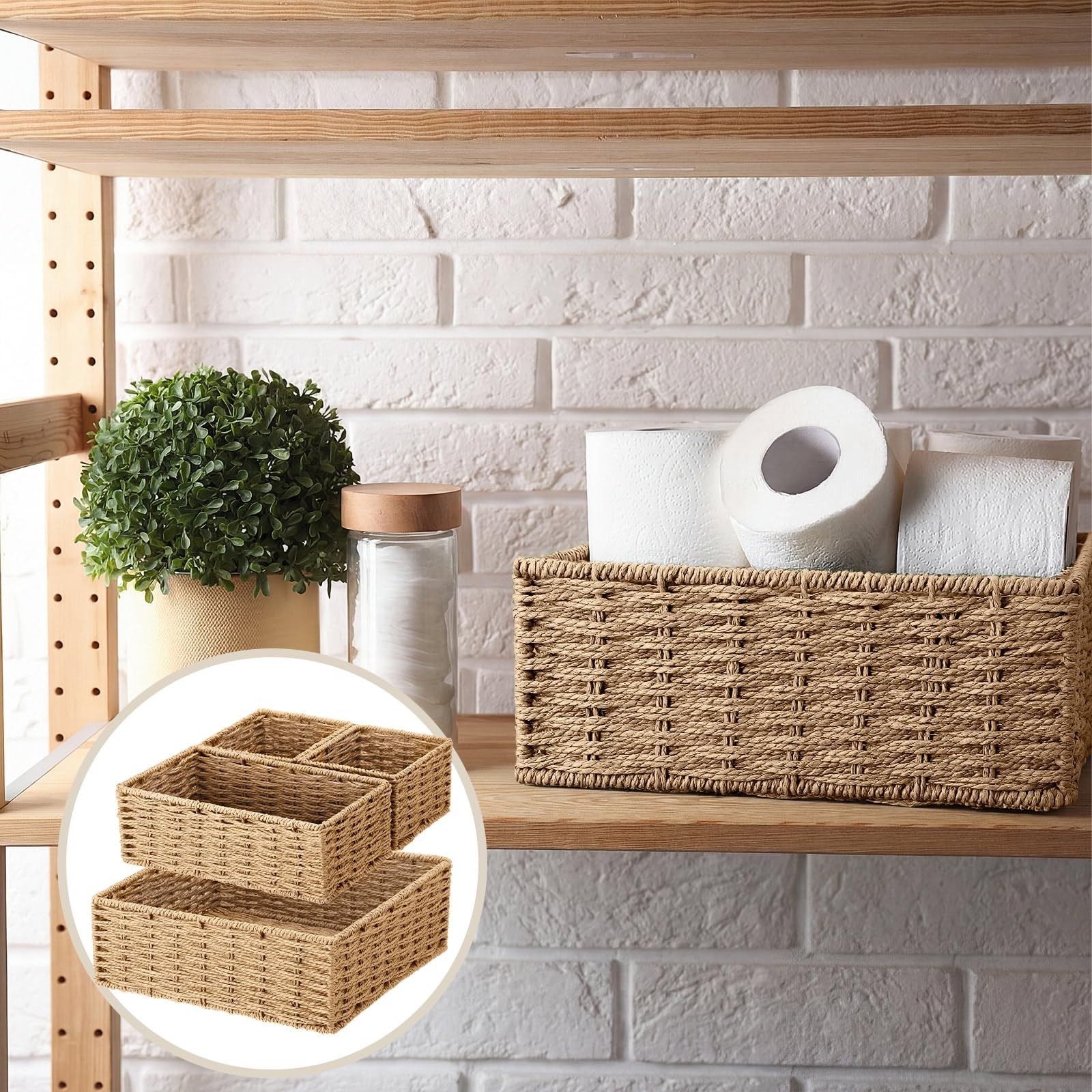 Natural Storage Baskets Set 4 Pack Rustic Paper Rope Woven Basket for Organiz…