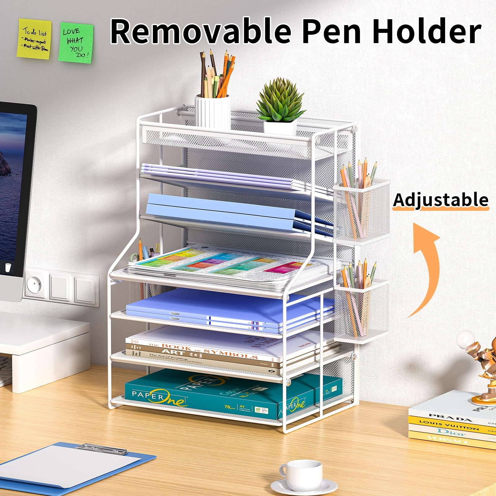 7 Tier Desk File Organizer Adjustable Shelves Pull-Out Drawer Pen Holder White